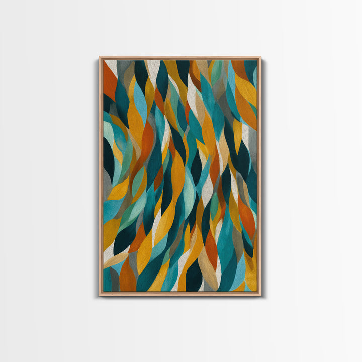 Layered Teal Mustard Leaf Abstract Wall Art, Mid Century Modern Canvas Print, Retro Geometric Statement Living Room Decor