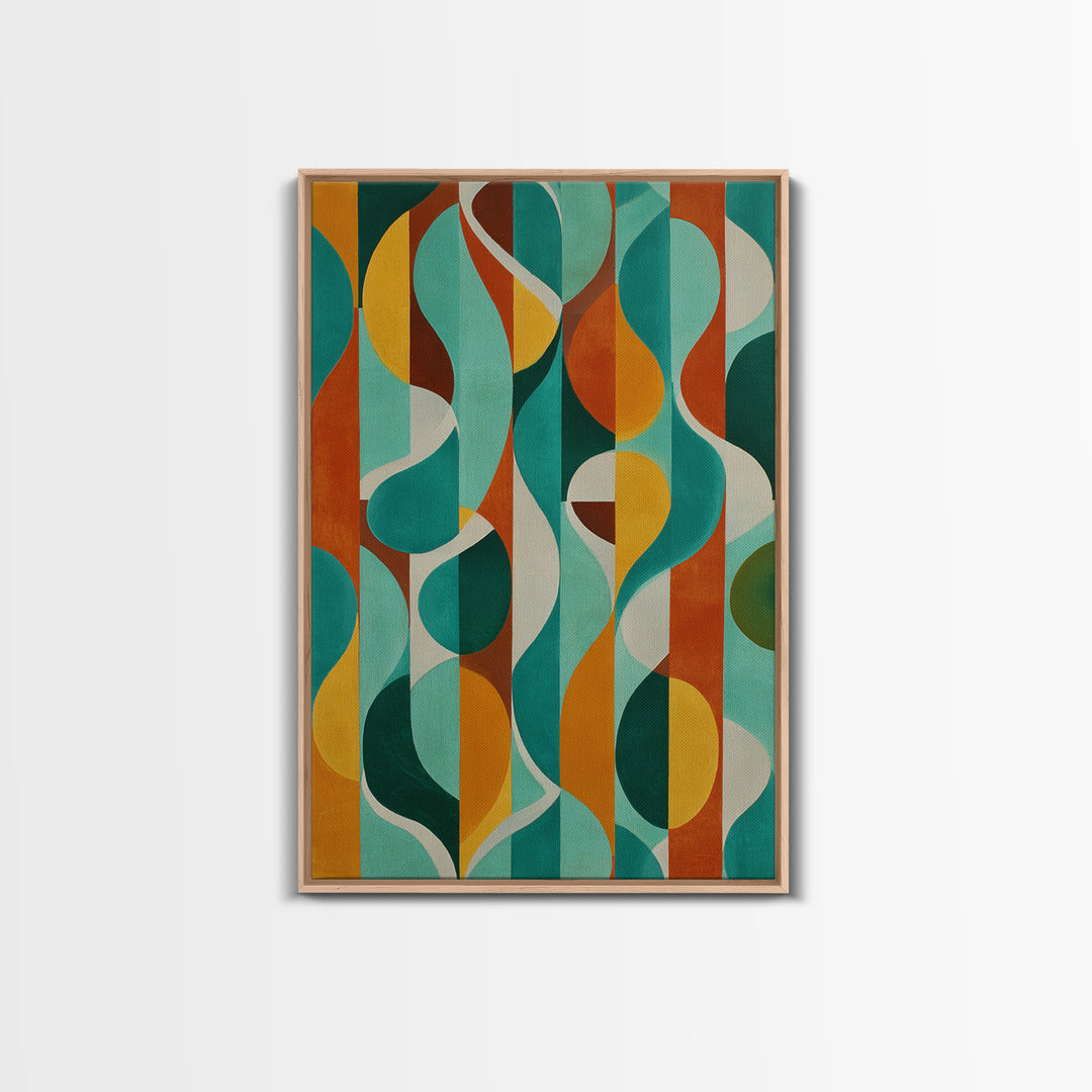 Teal Orange Circle Stripe Canvas Print, Mid Century Modern Wall Art, Bold Geometric Abstract Living Room Retro Home Decor