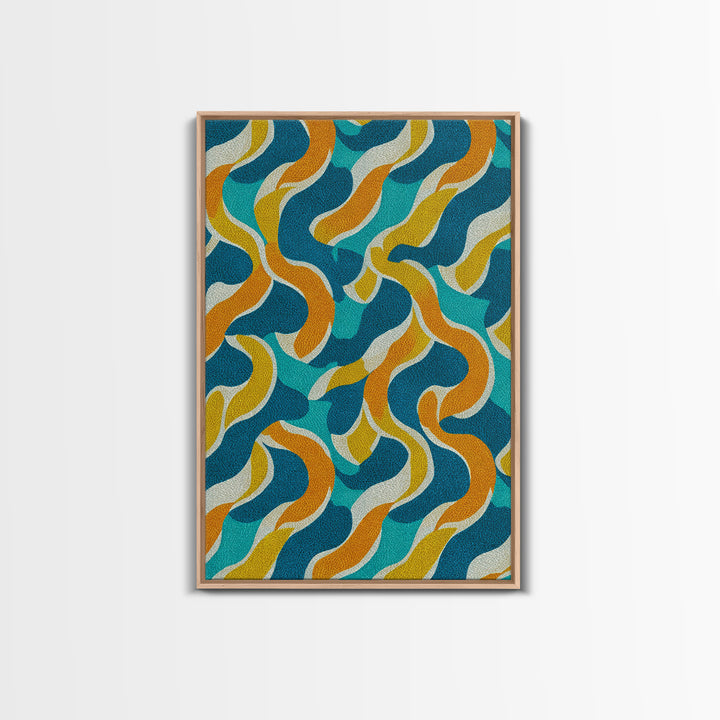 Wavy Teal Gold Ribbon Abstract Wall Art, Mid Century Modern Canvas Print, Retro Geometric Pattern Bedroom Living Room Decor