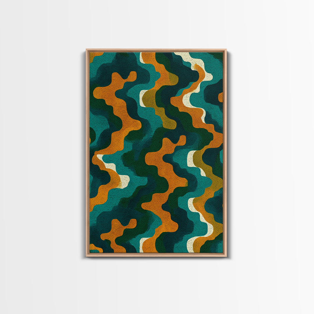 Organic Teal Orange Wave Abstract Wall Art, Mid Century Modern Canvas Print, Retro Groovy Funky Pattern Living Room Decor