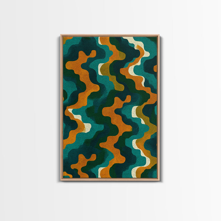 Organic Teal Orange Wave Abstract Wall Art, Mid Century Modern Canvas Print, Retro Groovy Funky Pattern Living Room Decor