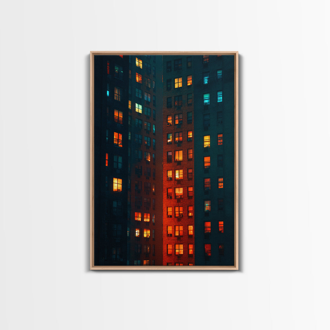 Glowing Apartment Windows Wall Art, Urban Night Photography Print, Modern Wall Decor, Cityscape Poster For Loft Living Room