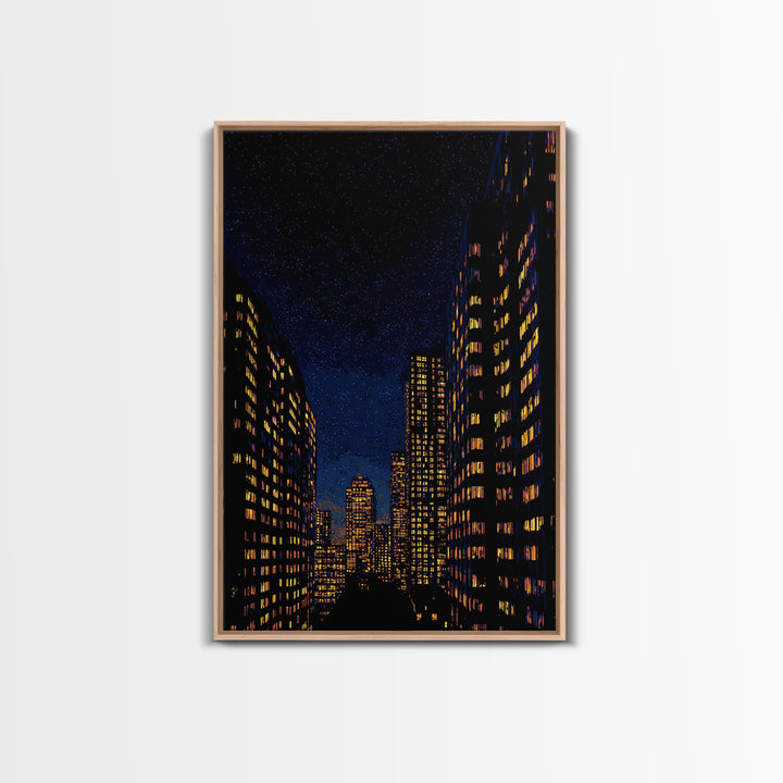 Starry City Street Canvas Print, Night Skyline Between Tall Buildings, Modern Wall Art Decor, Urban Poster For Home Office