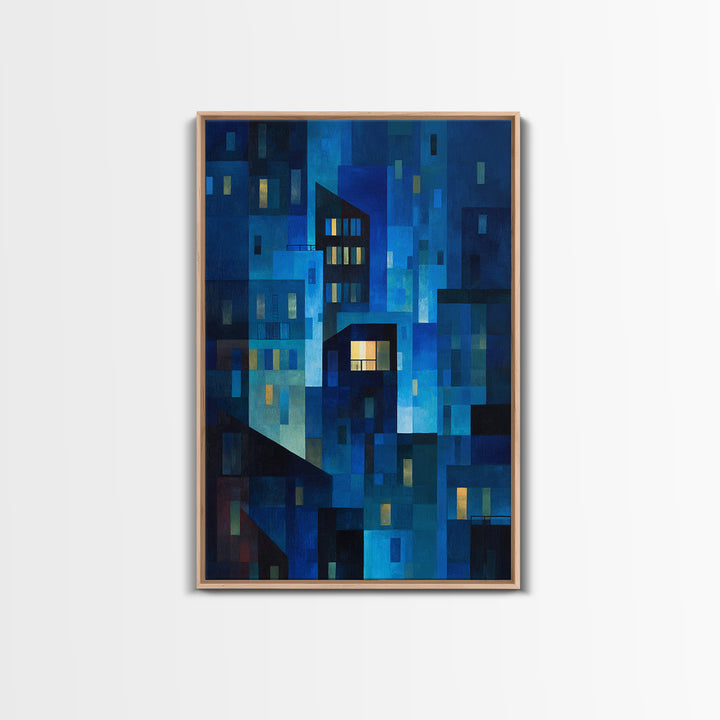 Abstract Blue City Blocks Wall Art, Geometric Night Buildings Print, Midcentury Modern Decor, Contemporary Living Room Art