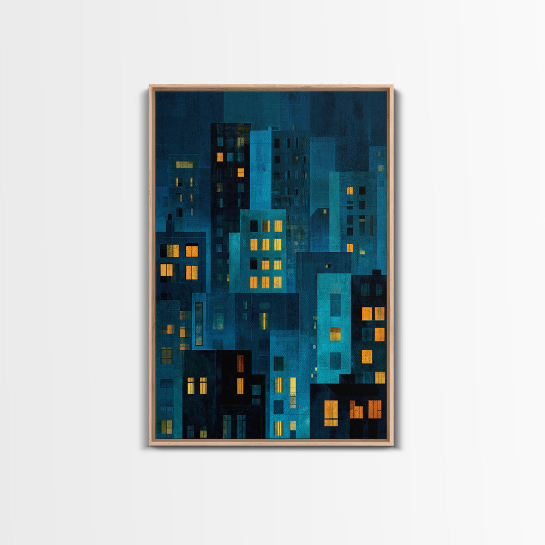 Moody Blue Urban Skyline Wall Art, Abstract City Windows Print, Midcentury Modern Wall Decor, Office And Living Room Poster