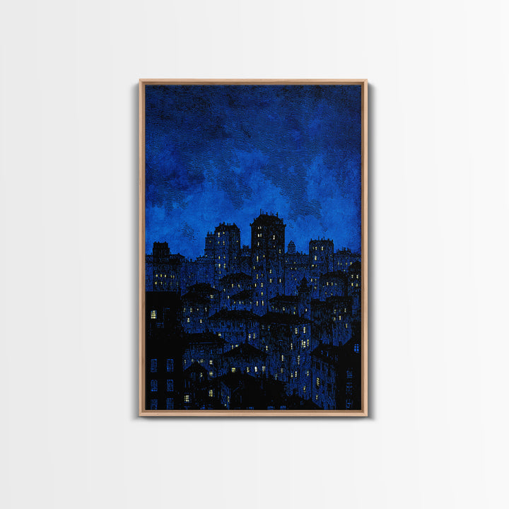 Indigo Linocut Cityscape Canvas Print, Night Skyline Wall Art, Blue Modern Art Print, Urban Home Office Decor Poster Gift