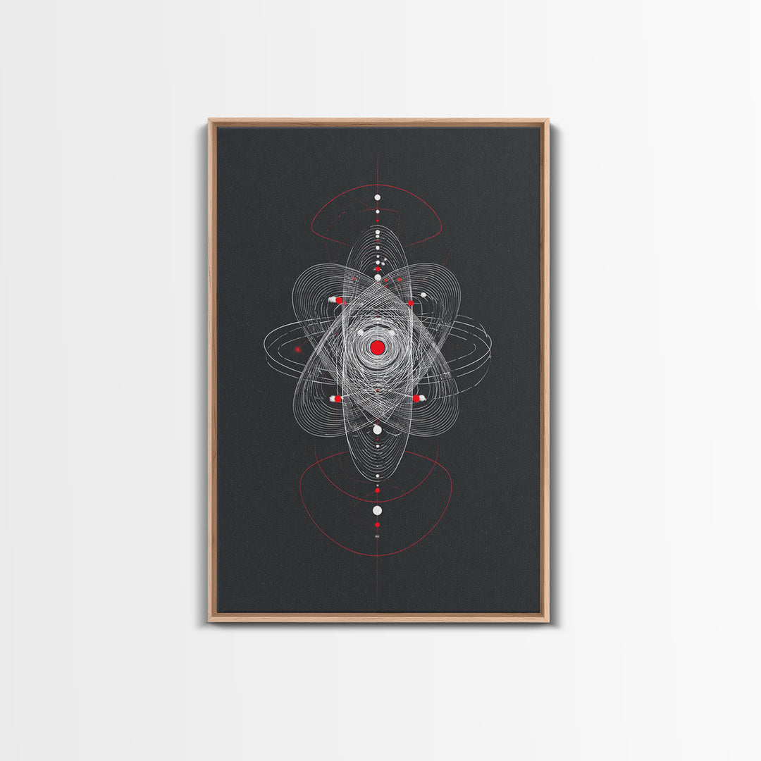 Atomic Orbit Geometry Wall Art, Red White Abstract Line Print, Midcentury Modern Decor, Space Sci Fi Poster For Office Studio
