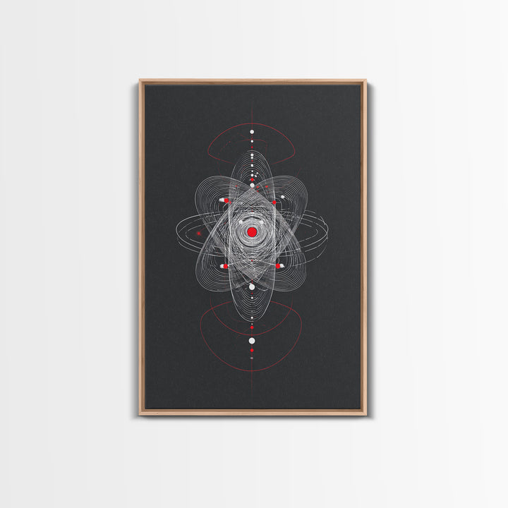Atomic Orbit Geometry Wall Art, Red White Abstract Line Print, Midcentury Modern Decor, Space Sci Fi Poster For Office Studio