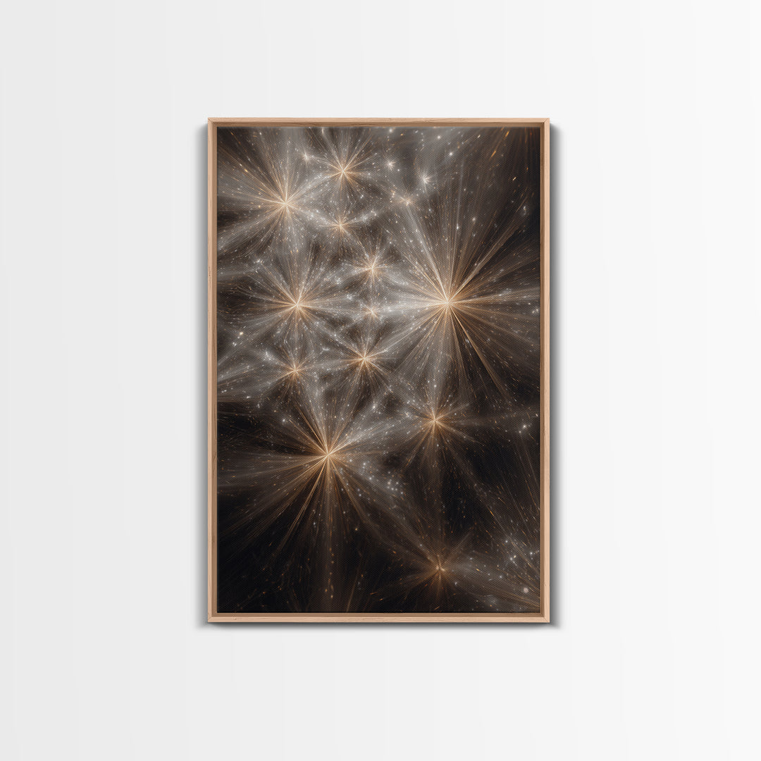 Golden Cosmic Starburst Network Framed Canvas Print, Space Abstract Art, Modern Wall Art, Statement Wall Decor, Luxury Home Decor