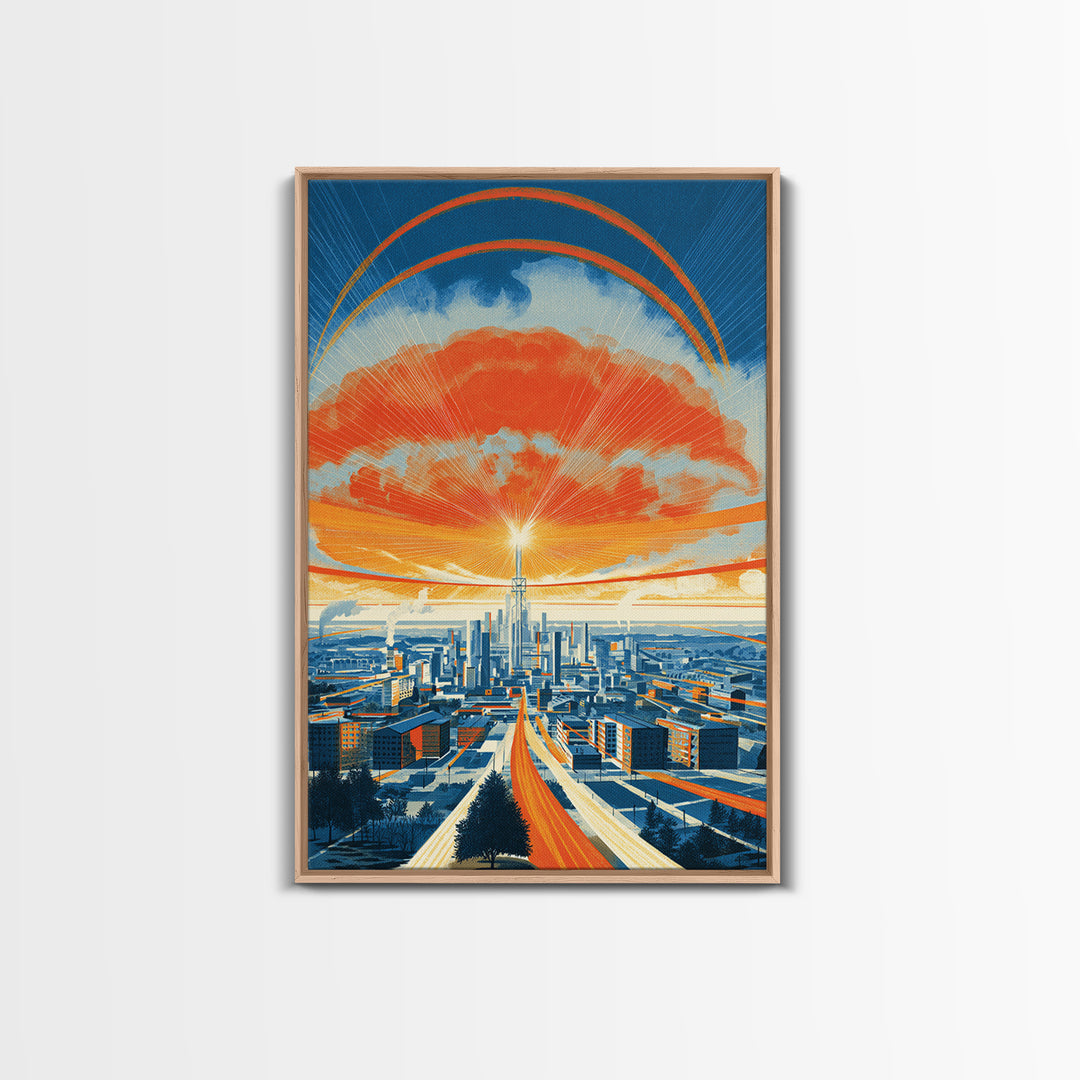 Retro Futurist City Sunset Wall Art, Orange Blue Midcentury Modern Poster, Architectural Art, Travel Wall Decor, Large Print