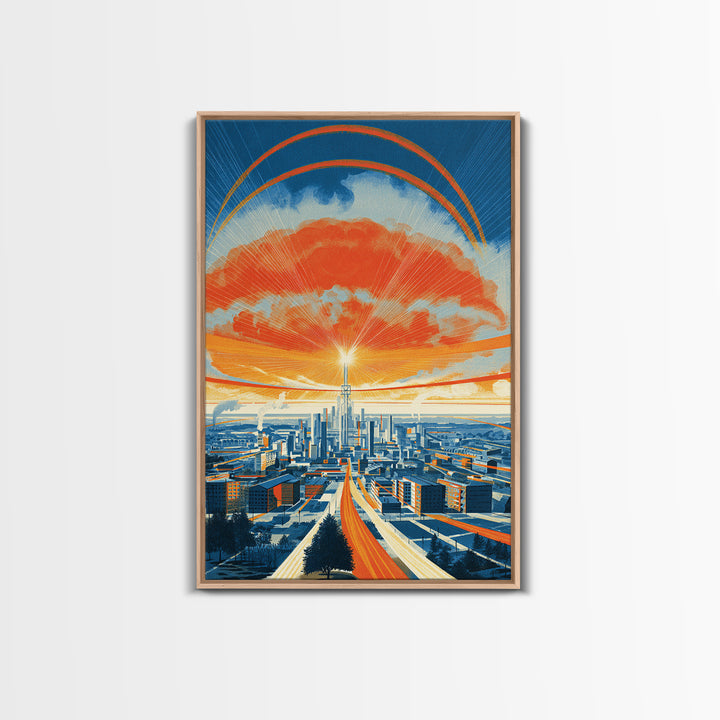 Retro Futurist City Sunset Wall Art, Orange Blue Midcentury Modern Poster, Architectural Art, Travel Wall Decor, Large Print