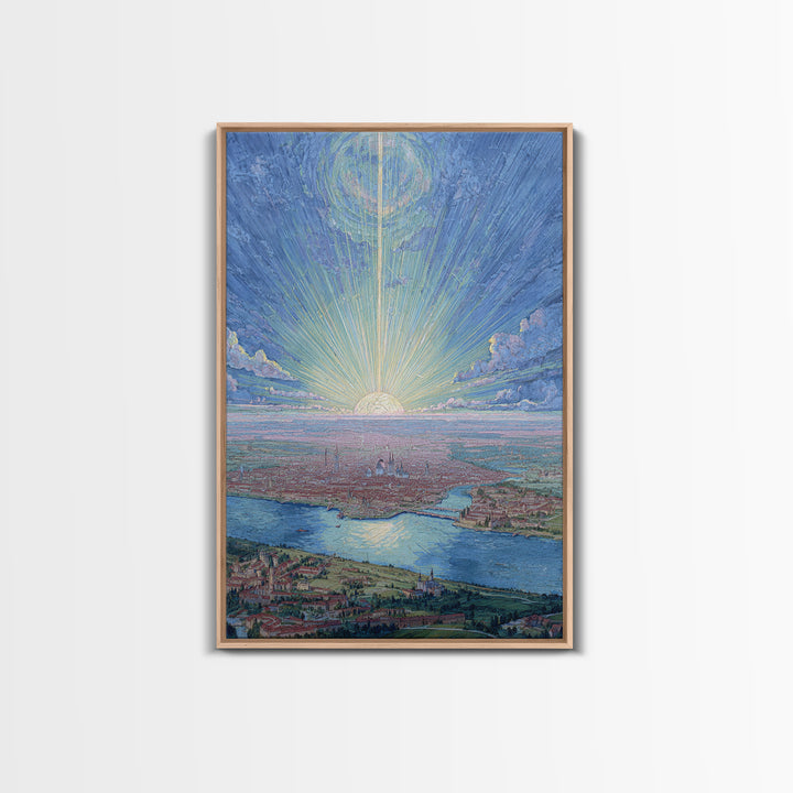 Pastel Sunrise Over Historic Waterfront City, Framed Canvas Print, Modern Wall Art, Scenic Travel Poster, Blue Home Decor