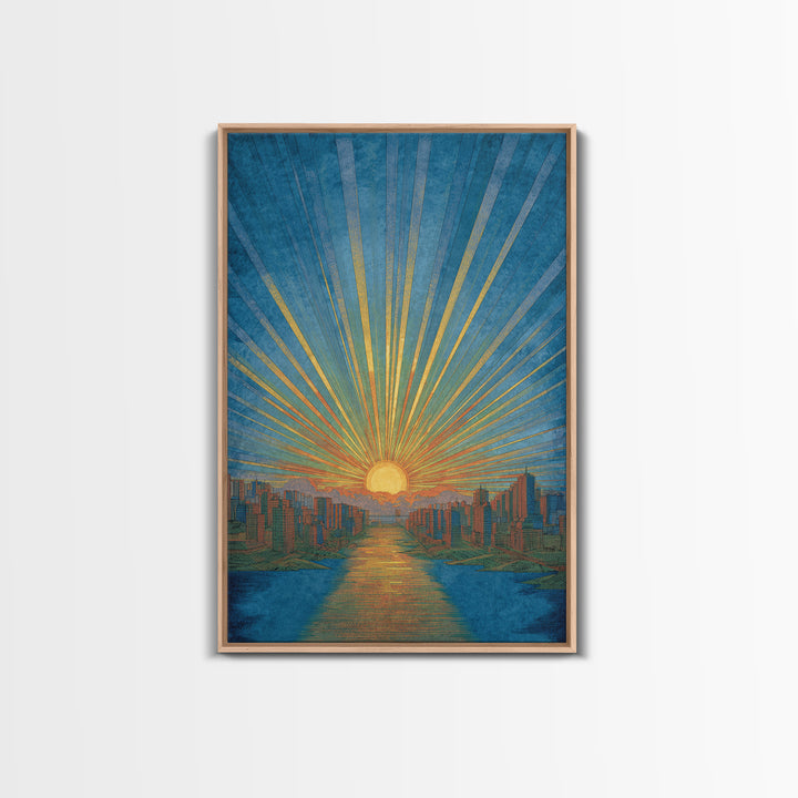 Blue River Sunset Over Modern City Skyline, Wall Art, Mid Century Modern Art Print, Retro Sun Poster, Teal Orange Decor
