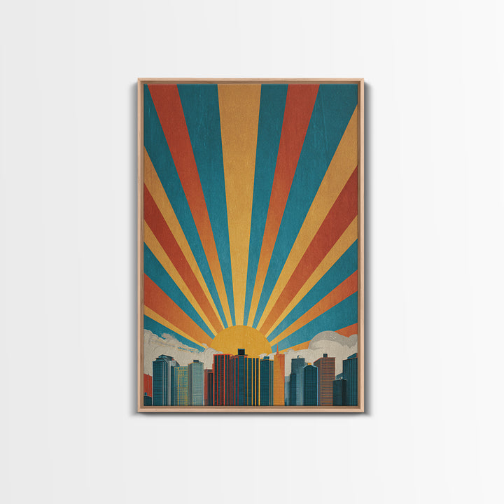 Bold Sunrise Behind Downtown Skyline, Canvas Print, Mid Century Modern Wall Art, Retro Geometric Poster, Teal Orange Decor