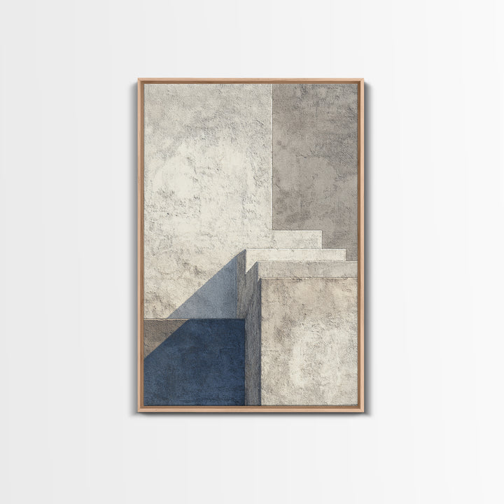Minimal Concrete Stair Shadow Canvas Print, Modern Abstract Wall Art, Neutral Architectural Decor, Blue Beige Office Poster