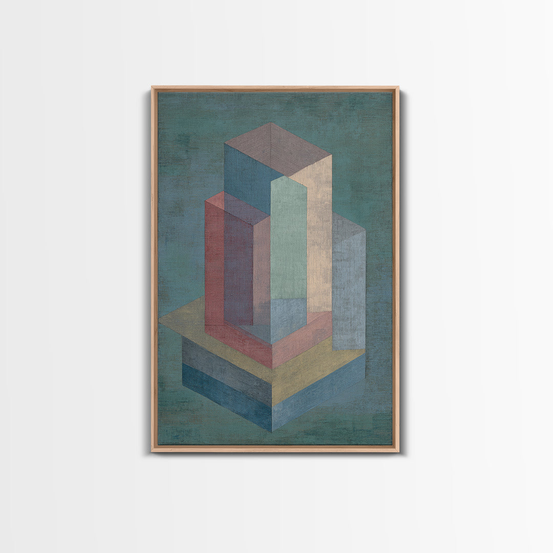 Teal Isometric Blocks Framed Canvas Print, Midcentury Modern Geometric Wall Art, Pastel Architecture Decor, MCM Artwork Print