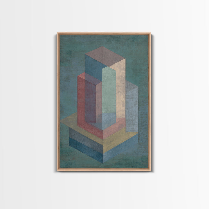 Teal Isometric Blocks Framed Canvas Print, Midcentury Modern Geometric Wall Art, Pastel Architecture Decor, MCM Artwork Print