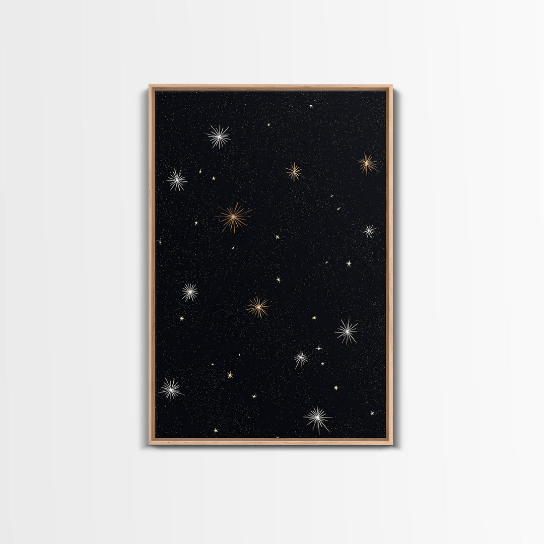 Black Night Sky Starburst Canvas Print, Gold White Celestial Wall Art, Retro Space Poster, Minimal Cosmic Modern Decor Print