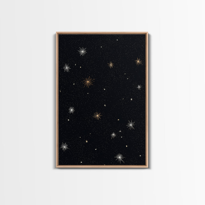 Black Night Sky Starburst Canvas Print, Gold White Celestial Wall Art, Retro Space Poster, Minimal Cosmic Modern Decor Print