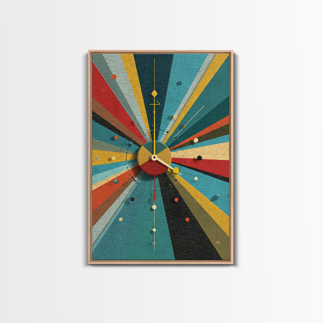 Textured Atomic Clock Sunburst Framed Canvas Print, Midcentury Modern Wall Art, Geometric MCM Poster For Living Room Decor