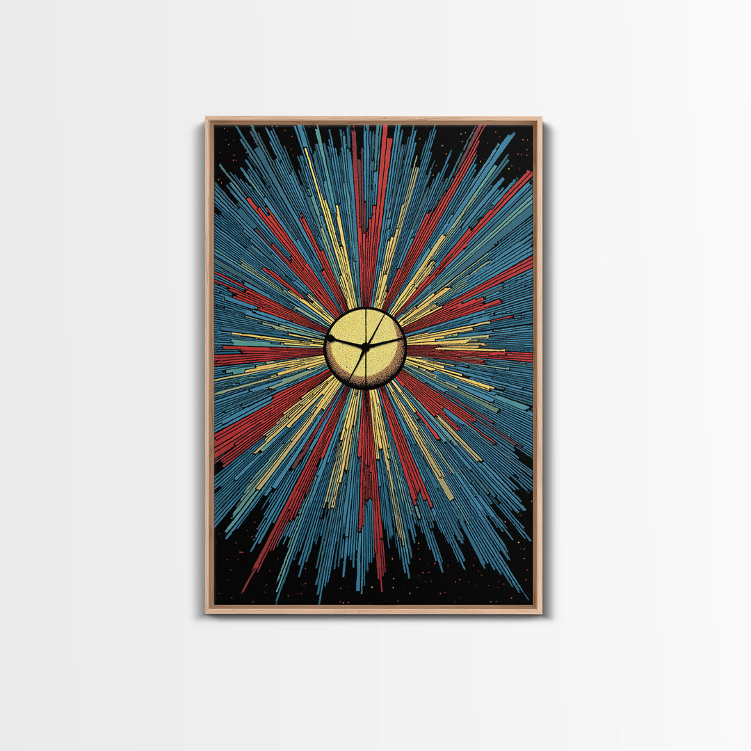 Bold Halftone Sunburst Clock Canvas Print, Retro Midcentury Wall Art, Atomic Space Poster, Colorful Modern Home Decor Gift
