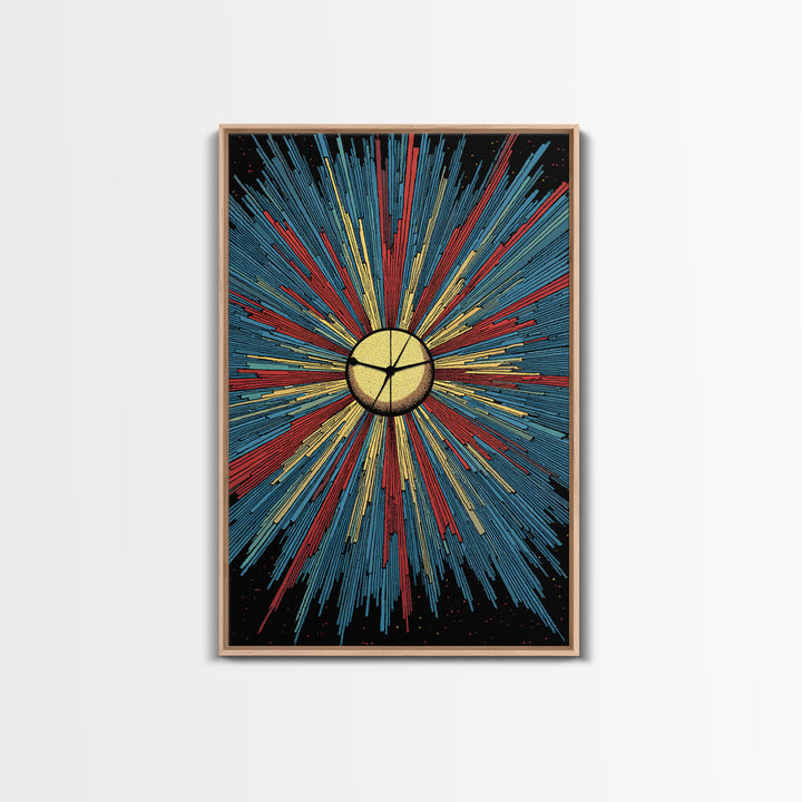 Bold Halftone Sunburst Clock Canvas Print, Retro Midcentury Wall Art, Atomic Space Poster, Colorful Modern Home Decor Gift