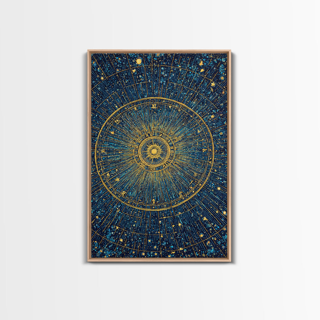 Gold Zodiac Star Chart Wall Art, Celestial Astronomy Poster, Cosmic Midcentury Modern Art Print, Navy Blue Home Decor Gift