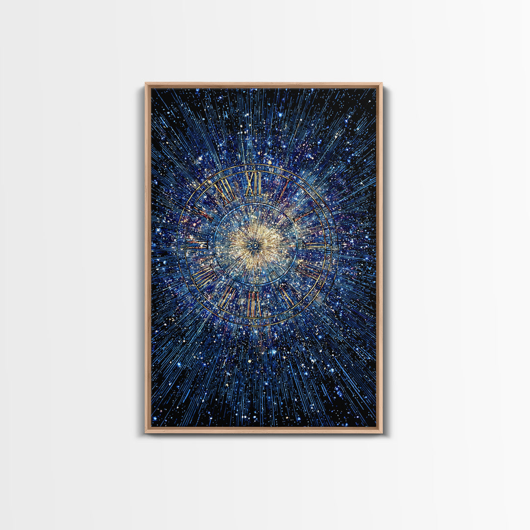 Blue Galaxy Roman Numeral Clock Canvas Print, Celestial Space Wall Art, Cosmic Starburst Poster, Modern Home Office Decor