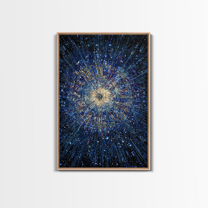 Blue Galaxy Roman Numeral Clock Canvas Print, Celestial Space Wall Art, Cosmic Starburst Poster, Modern Home Office Decor