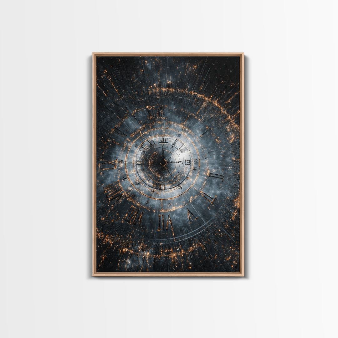 Smoky Spiral Time Clock Wall Art, Roman Numeral Galaxy Poster, Cosmic Framed Canvas Print, Dark Modern Office Decor Gift
