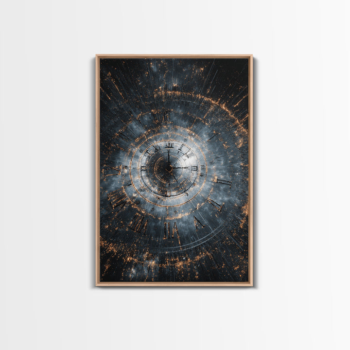 Smoky Spiral Time Clock Wall Art, Roman Numeral Galaxy Poster, Cosmic Framed Canvas Print, Dark Modern Office Decor Gift