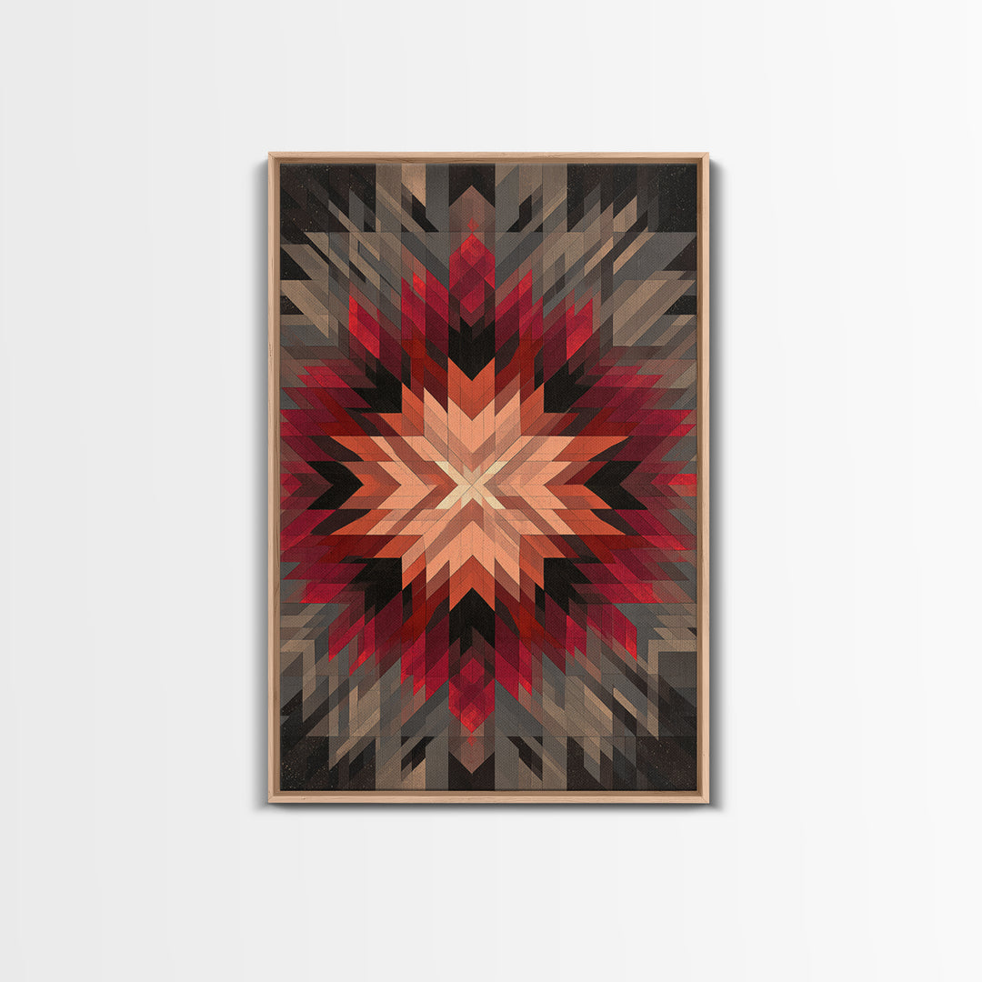 Red Gray Southwestern Starburst, Framed Canvas Print, Geometric Wall Art, Bold Abstract Decor, Rustic Modern Living Room Poster