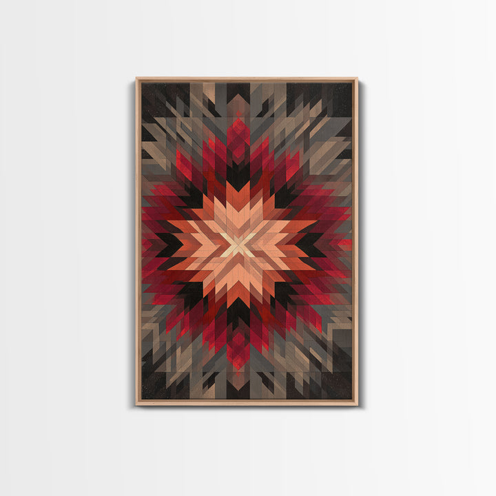 Red Gray Southwestern Starburst, Framed Canvas Print, Geometric Wall Art, Bold Abstract Decor, Rustic Modern Living Room Poster