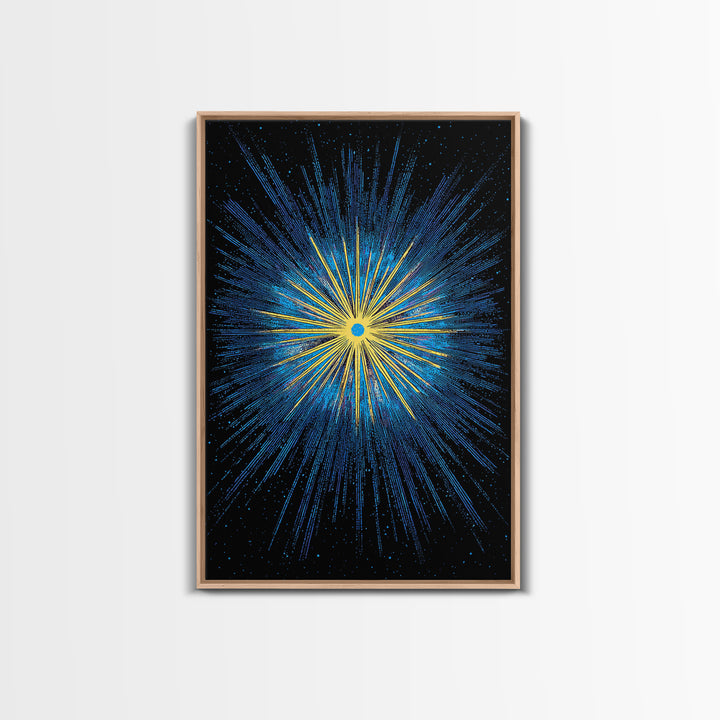 Blue Yellow Cosmic Starburst Wall Art, Space Abstract Art, Modern Digital Art, Retro Sci Fi Poster, Kids Room Decor, Large Print
