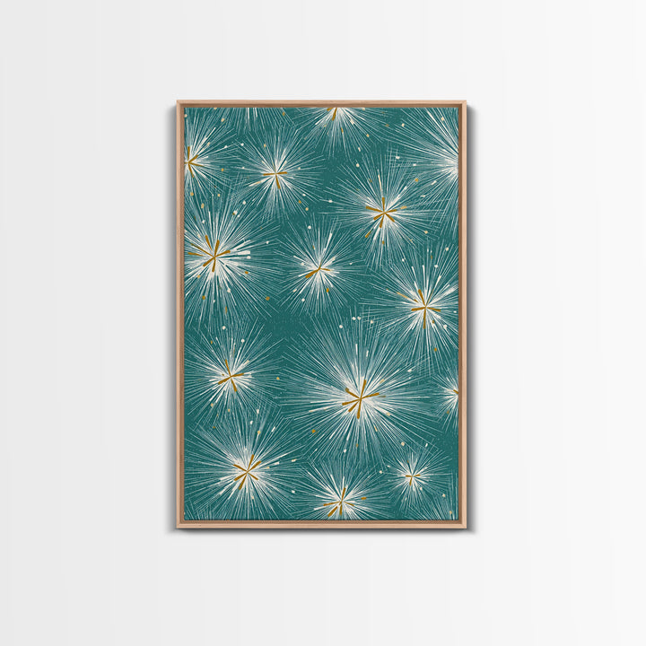 Teal Atomic Starburst Pattern Wall Art, Midcentury Modern Art Print, Retro Wall Decor, Gold White Abstract Home Decor Print