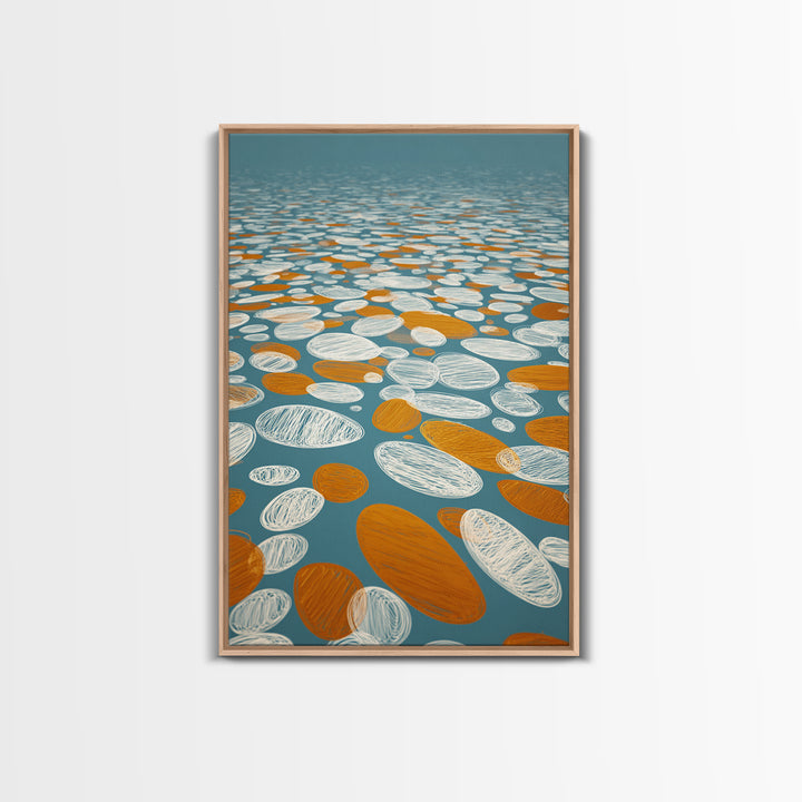 Orange White Floating Pebble Wall Art, Modern Abstract Art Print, Retro Geometric Decor, Blue Coastal Perspective Poster