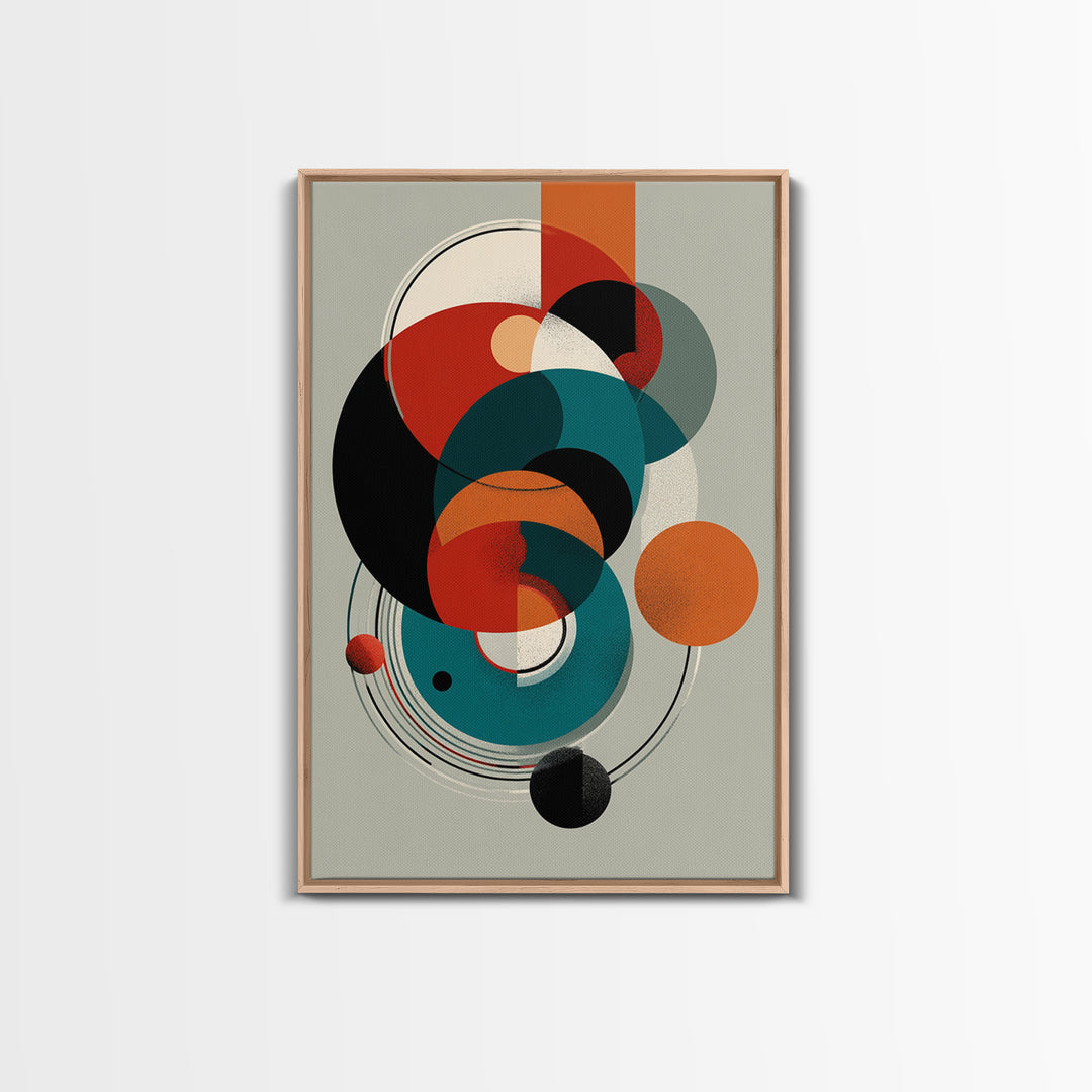 Orange Teal Geometric Circles Framed Canvas Print, Midcentury Modern Wall Art, Bauhaus Abstract Decor, Retro Home Decor Print