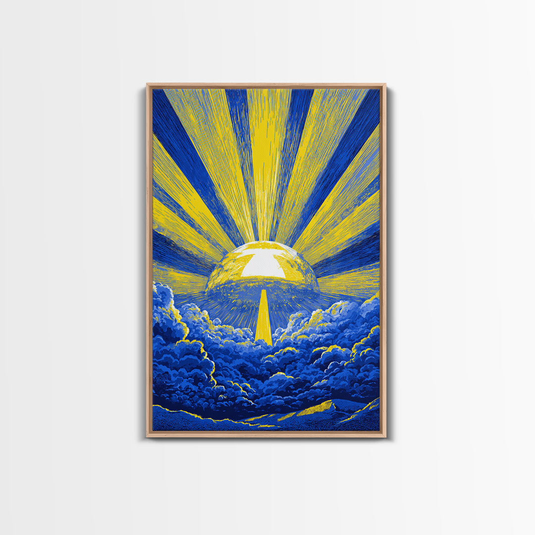 Blue Yellow Celestial Sunburst Canvas Print, Mid Century Modern Wall Decor, Abstract Sun Rays, Cosmic Retro Poster For Living Room