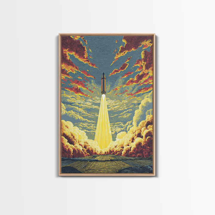 Golden Rocket Launch Framed Canvas Print, Mid Century Modern Space Wall Art, Retro Sci Fi Poster, Dramatic Cloudscape Decor