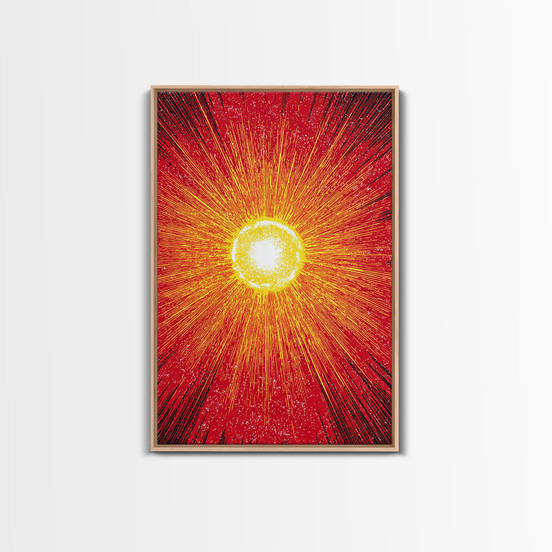 Blazing Red Solar Sun Wall Art, Mid Century Modern Abstract Poster, Orange Yellow Energy Rays, Atomic Retro Decor Print Gift