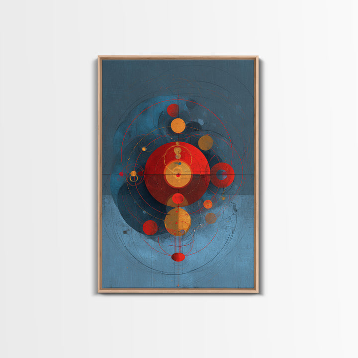 Blue Red Orbital Geometry Canvas Print, Mid Century Modern Abstract Wall Art, Atomic Circles Poster, Bauhaus Home Decor Gift