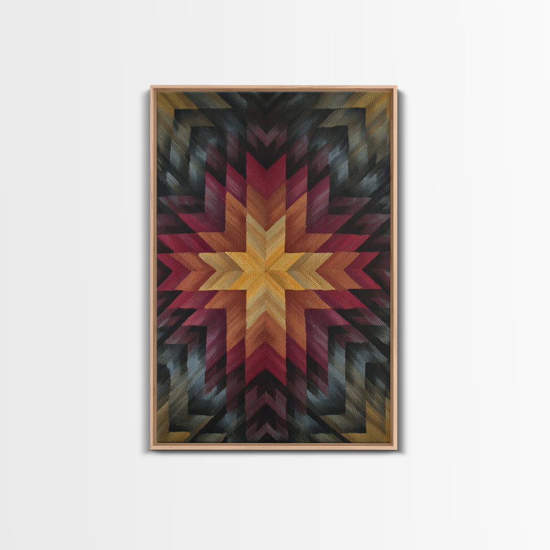 Southwestern Geometric Star Quilt Canvas Print, Midcentury Modern Wall Decor, Red Gold Black Abstract Statement Art For Living Room