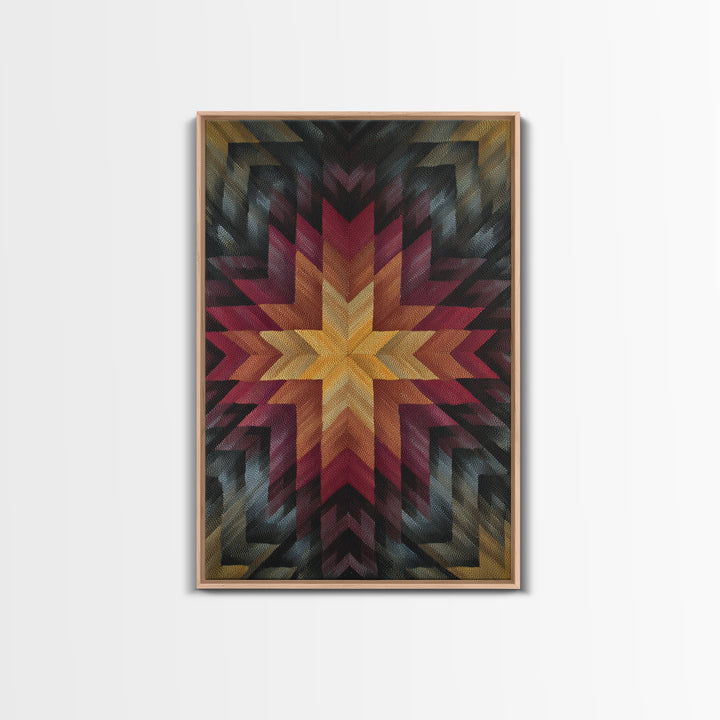 Southwestern Geometric Star Quilt Canvas Print, Midcentury Modern Wall Decor, Red Gold Black Abstract Statement Art For Living Room