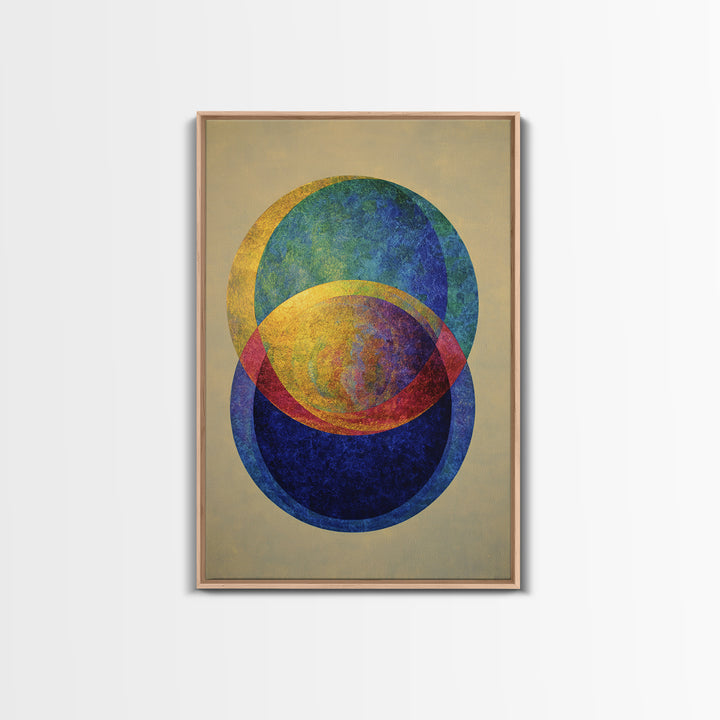 Overlapping Circle Geometry Framed Canvas Print, Mid Century Modern Abstract Wall Art, Colorful Bauhaus Decor, Textured Poster