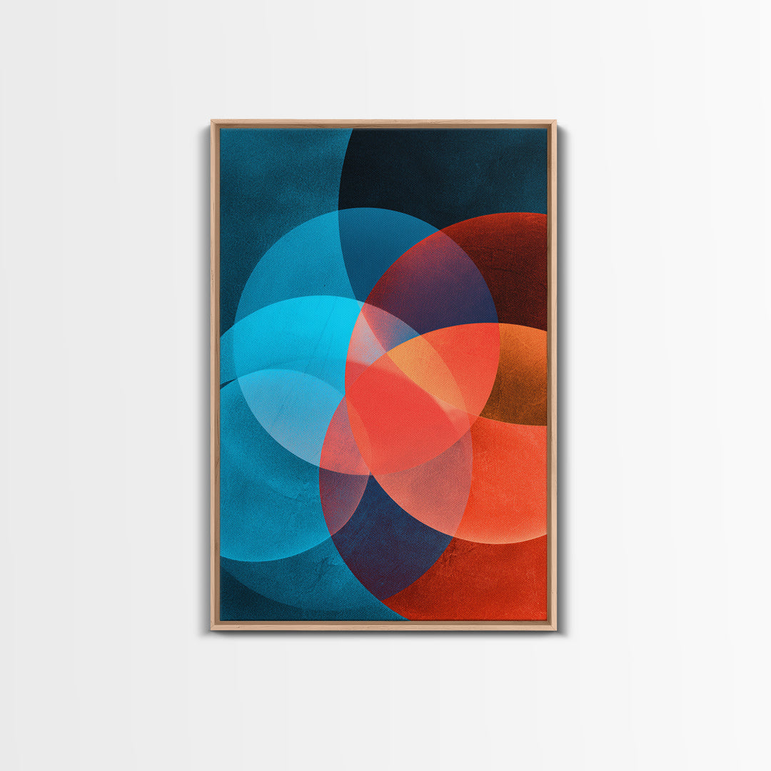 Vivid Teal Orange Circles Abstract Canvas Print, Midcentury Modern Geometric Wall Decor, Retro MCM Living Room Art, Home Office Decor