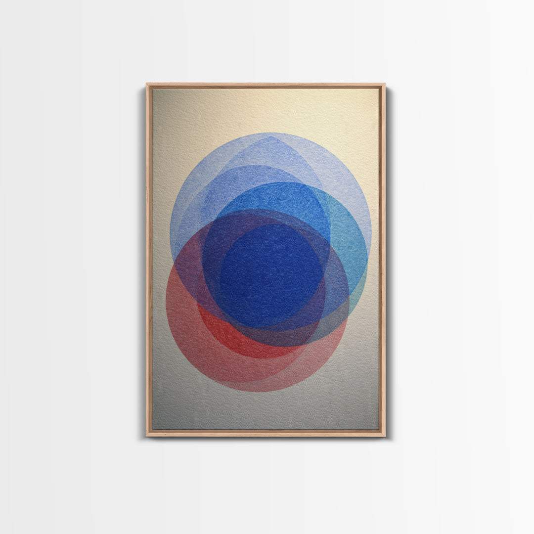 Soft Blue Red Overlapping Circles Framed Canvas Print, Minimalist Midcentury Modern Wall Art, Geometric Bedroom Decor, Blue Art Print
