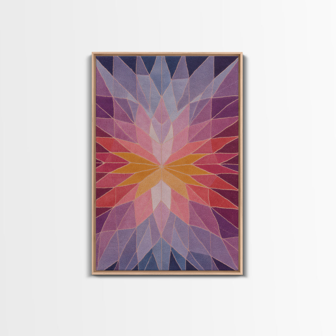 Pink Orange Faceted Star Flower Canvas Print, Midcentury Modern Abstract Art, Geometric Wall Decor For Bedroom Living Room