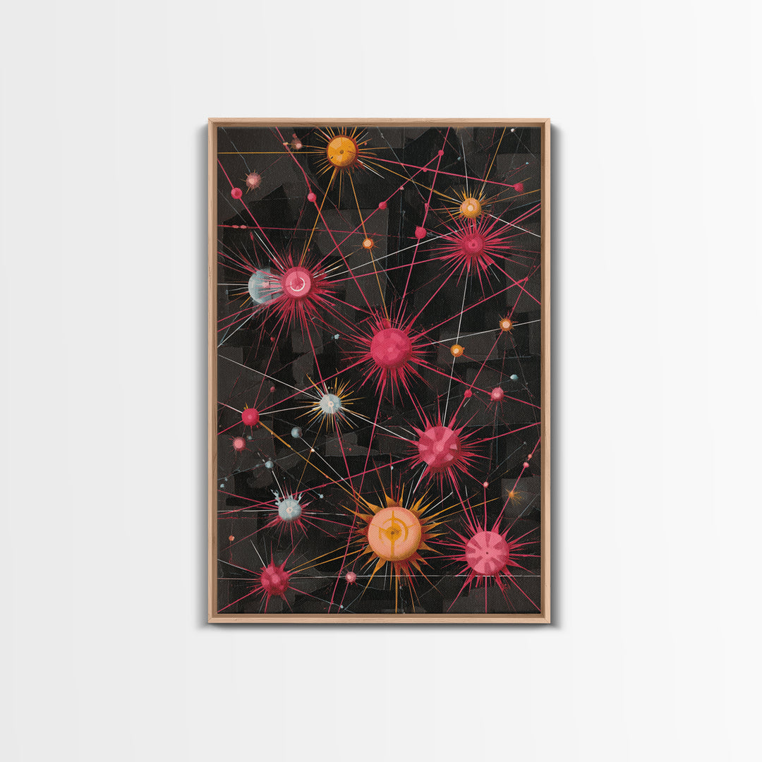 Atomic Pink Orange Network Wall Art, Midcentury Modern Abstract Print, Space Age Geometric Decor For Living Room Home Office