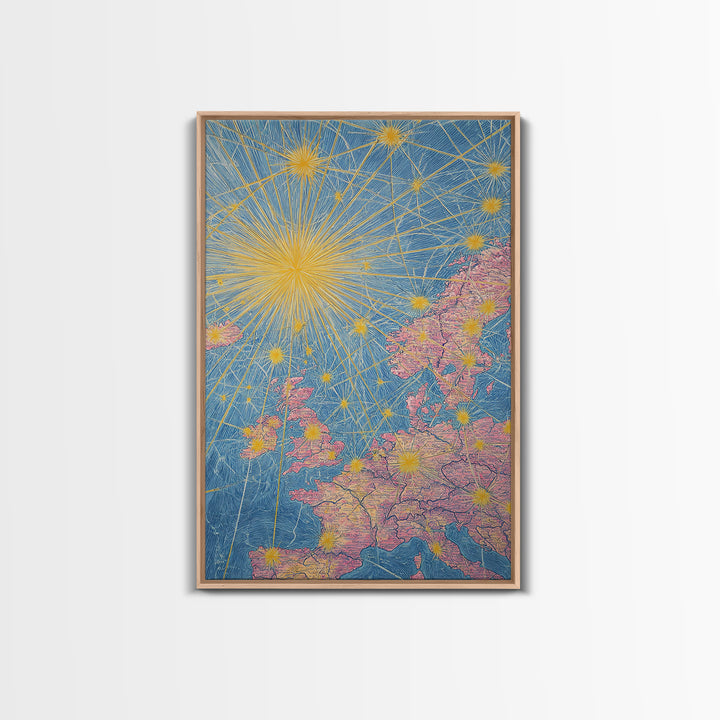 Europe Flight Route Map Canvas Print, Midcentury Modern Travel Wall Decor, Blue Pink Atomic Aviation Poster For Office Living Room