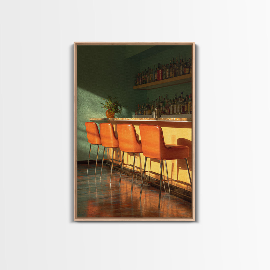 Green And Orange Sunlit Cocktail Bar With Stools Canvas Print, Midcentury Modern Wall Art, Retro Decor, Warm Lounge Poster